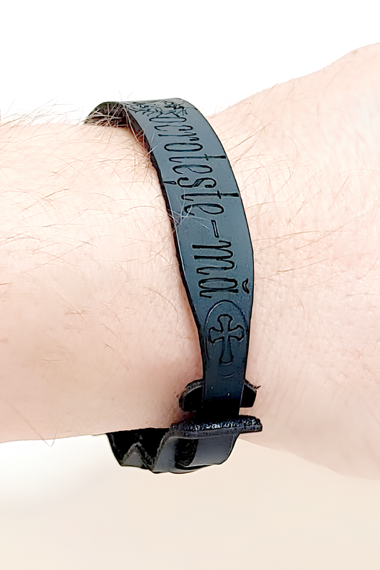 Brăţara îngustă cu Maica Domnului din piele neagră