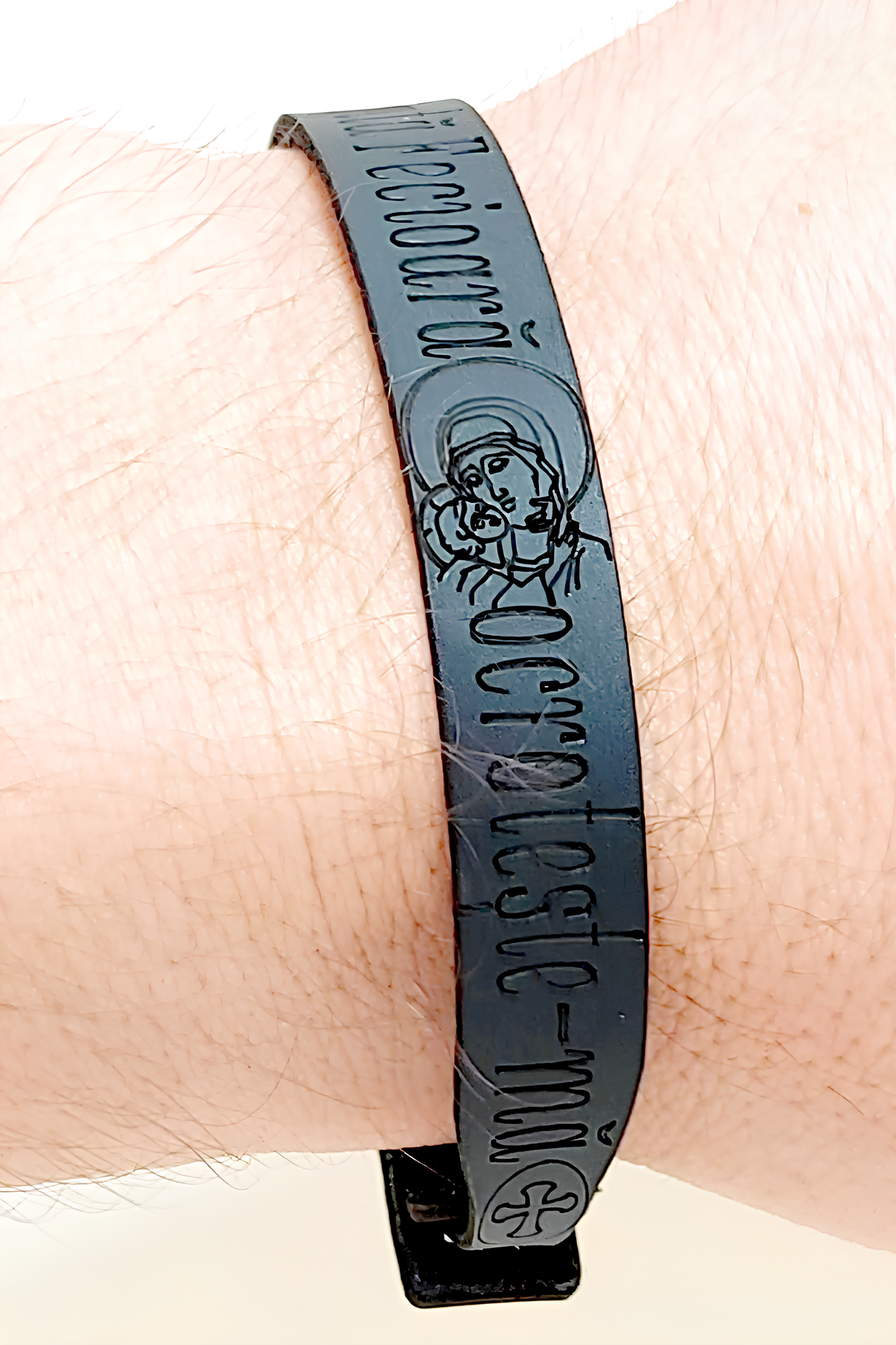 Brăţara îngustă cu Maica Domnului din piele neagră